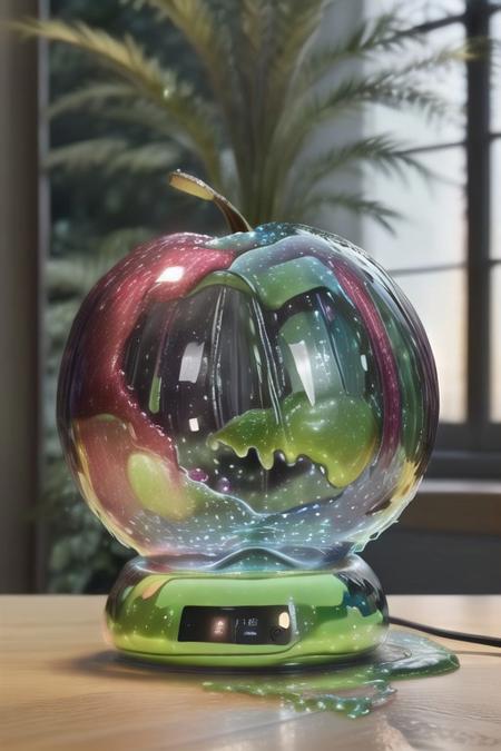 slime-morph, sl1m3d, made of slime, apple, bright lights, ultra realistic