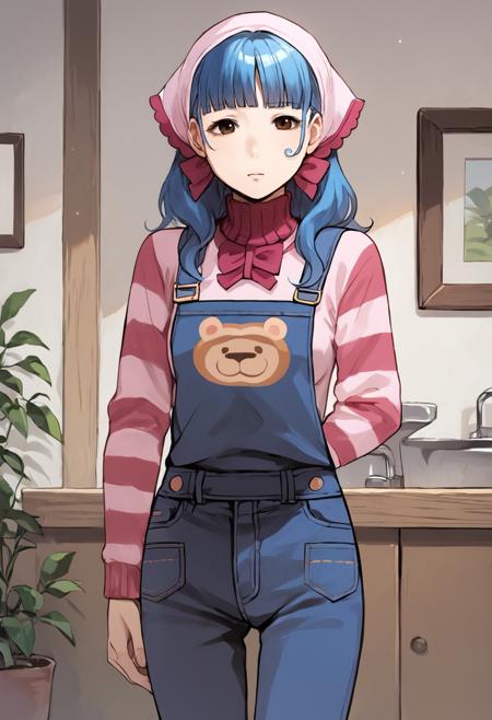 vera misham blue hair, brown eyes, pink bandana, overalls, sweater, striped, denim pink hairband, sweater, dress, striped, jacket, black pantyhose holding sign holding sketchbook