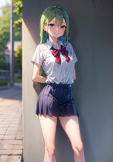 (masterpiece), 1girl,  <lora:yamada_gotyui_style:1.1>, green hair, long hair, blue eyes, smile, school uniform, arms behind back,