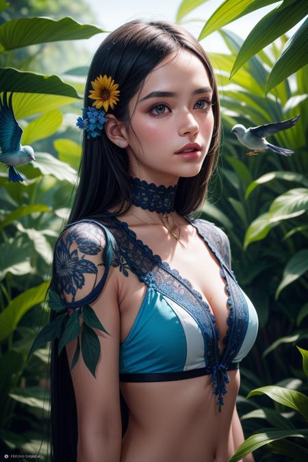 fashion photography portrait of blue human avatar, in blue lush jungle with flowers and birds, 3d render, cgi, symetrical, octane render, 35mm, bokeh, 9:16, (intricate details:1.12), hdr, (intricate details, hyperdetailed:1.15), (natural skin texture, hyperrealism, soft light, sharp:1.2)