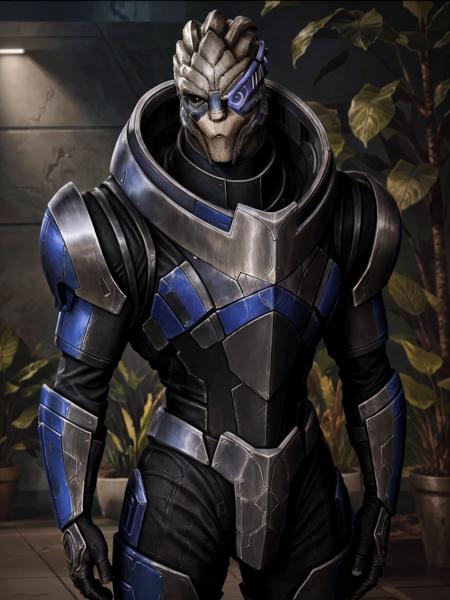 close up of masseffectgarrus standing in a atruim with plants behind it, realistic armor materials, shiny armor, dramatic lighting, wallpaper, intricate, sharp focus, ray tracing, rtx, professionally color graded, professional photography, masterpiece, ultra detailed, high quality, best quality, 4k, 8k, raw <lora:masseffectgarrus:0.5> <lora:add_detail:0.25>