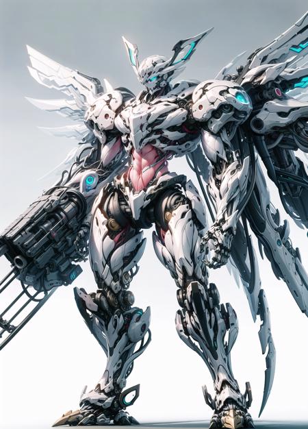 detailed, ultra-detailed, masterpiece, 8k wallpaper,<lora:BIOMECHA:1>
  , (bio mecha:1.5), (mdde:1.3), ( mecha design (de):1.3)
, (muscle:1.3), (muscle tissue:1.5), 
no humans,glowing  mechanical wings, , science fiction, simple background, standing,glowing, arm cannon, silver mecha