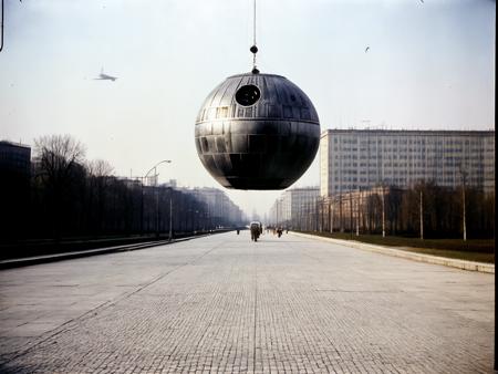 lifebehindironcurtain photo of a death star over communist warsaw <lora:hjlifebehindironcurtain_v11:0.75>