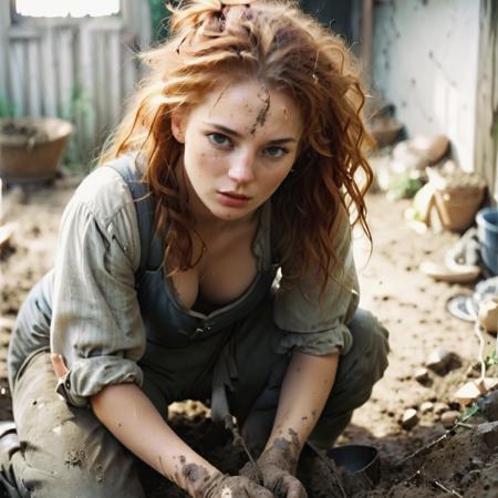 a young medieval farmer digging in the dirt, 1girl, red hair, messy hair,
analogue photography, natural light, looking at viewer, parted lips, scar, medium breasts, cleavage,