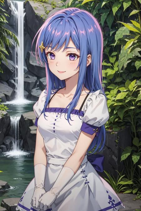 maha, blue hair, long hair, purple eyes, hair ornament,  turtleneck sweater, purple sweater, white belt, necklace, white dress, puffy short sleeves, white gloves,