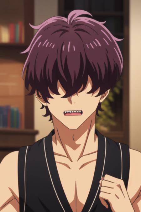 1boy, tanned-skinned boy, purple hair, hair over both eyes, sharp teeth, bangs