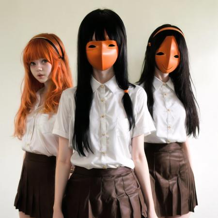 <lora:creepymasks_60:1.0> , (creepymasks, mask:1.0), (person wearing a mask with:1.0), 5girls, black eyes, black hair, black legwear, brown eyes, brown hair, collarbone, green skirt, hairband, highres, long hair, multiple girls, open mouth, orange hair, pleated skirt, school uniform, shirt, short hair, simple background, skirt, smile, white background, white hairband, white shirt