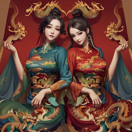 high quality, (dragon:1.2), (2girls:1.10), (taiji:1.2), longpao