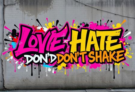 Create a vibrant and dynamic hip-hop style graffiti artwork featuring the words ‘LOVE HATE DON’T SHAKE.’ The graffiti should have bold, urban street art aesthetics with bright neon colors, sharp angles, and expressive lettering. Incorporate a mix of intricate tags, abstract shapes, and vivid splashes of paint to give the graffiti a raw, energetic feel. The words should be the focal point, each with its own unique style—‘LOVE’ in soft, flowing script, ‘HATE’ in aggressive, jagged edges, and ‘DON’T SHAKE’ in a bold, impactful font. Set against a gritty city wall with worn textures, the artwork should capture the spirit of street culture and urban expression.