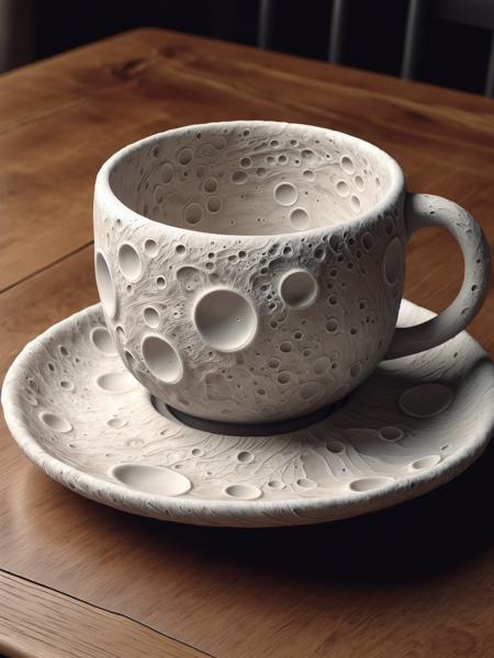 <lora:Lunar_Surface_SDXL:1> ais-lunar cup and saucer on a wooden table