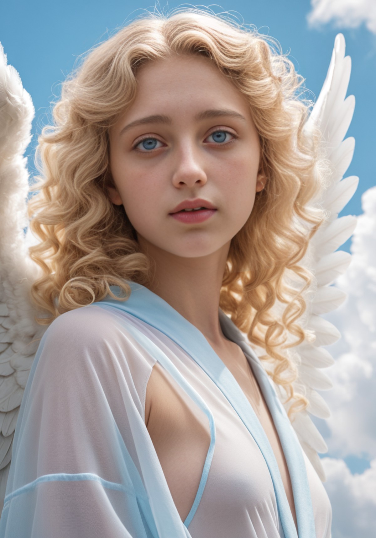 Hyperrealistic art angel, angel wings, 20yo. 1girl, blonde hair, curly hair, blue eyes, innocent. pastel colours, blue sky...