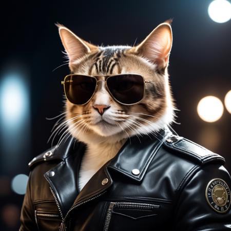 cinematic film still <lora:AnimAl P FFusion:1> cat wearing sunglasses and a leather jacket with a black background, k9, looking heckin cool and stylish, gopnik in a black leather jacket, weared in leather armor, fursona wearing stylish clothes, nasus, security agent, discord profile picture, albert wesker, security rhox . shallow depth of field, vignette, highly detailed, high budget, bokeh, cinemascope, moody, epic, gorgeous, film grain, grainy