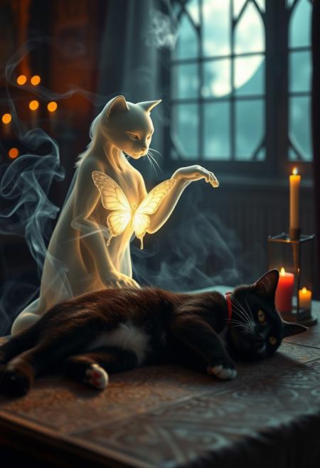 A mesmerizing image of ethereal smoke, illuminated by a heavenly glow, elegantly forming the silhouette of a lifelike cat. The smoke cat extends its paw, reaching toward a glowing, translucent butterfly, its core radiating with an otherworldly light. The smoke cat is positioned on a table beside the lifeless body of a black cat with white paws and a white spot on its upper lip wearing a red collar, creating a poignant and mystical scene. The balance of smoke density and airiness gives an uncanny realism to the apparition.
The background unveils an enchanted, dimly lit space—candles flicker, incense burns, and moonlight streams through a nearby window, casting a dreamlike glow. The fusion of hyper-realistic 3D rendering, painterly textures, photographic realism, and illustrative vibrancy results in a visually striking masterpiece.
