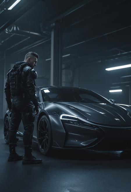 Techwear fashion <lora:Andrew Law CLIP-000005:1>,automotive photography,car photography,cinematic lighting photography,behance. polished,blue hour photography,Andrew Law, . Futuristic, cyberpunk, urban, tactical, sleek, dark, highly detailed