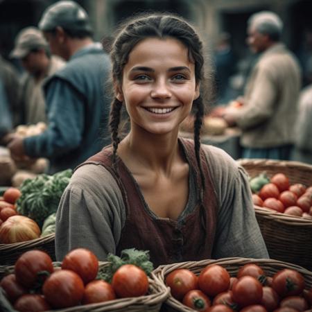 highly detailed analog photo of vendor (grocer), 

1girl, black hair, long hair, smile, food, multiple girls, solo focus, blurry, depth of field, blurry background, realistic, vegetable, tomatoes,

masterpiece, best quality:1.1, 


depth of field:1.1, 
(analog photography:1.2),



