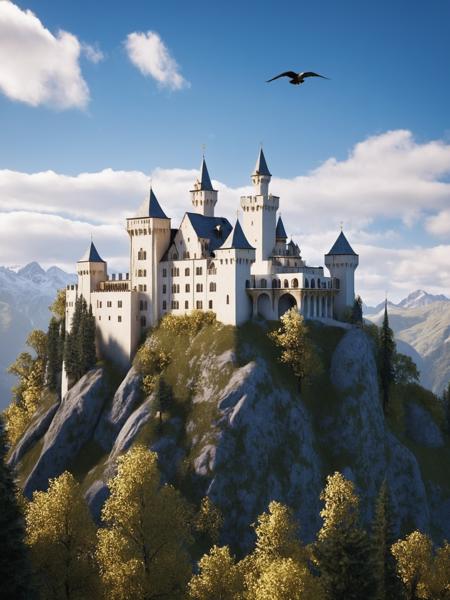 (huge sacred European castle on the mountains: 1.3), surrounded by many small villages, castles and mountains with many (waterfalls of different sizes),(the castle is composed of white brick walls), with gold paint on them, very gorgeous and noble, very complicated decoration, vegetation, blue sky, clouds floating in the mountains,(birds flying: 0.4), (Unreal Engine Rendering: 1.1),(realistic, photo-realistic:1.1),(super detail: 1.2), very clear, film level lighting, 4k, masterpiece,high resolution,Variegated color filter,