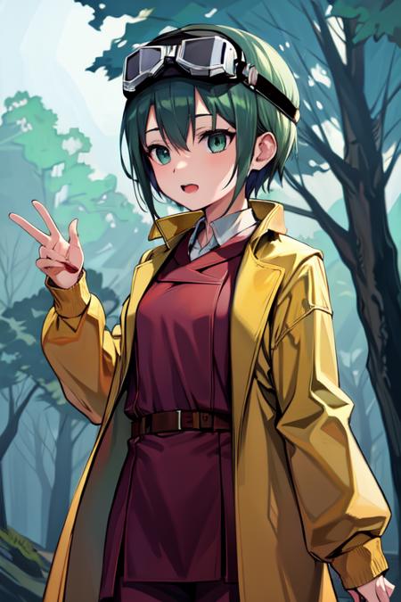 absurdres, highres, best quality, <lora:kinoprune-sv_ratio-5.0-8:1> kino \(kino no tabi\), 1girl, outdoors, goggles, forest,