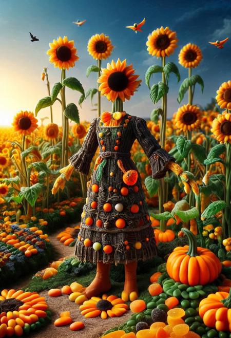 Captivating female scarecrow figure in autumnal field, aged burlap and straw body, patchwork dress, pumpkin mask face, sunflowers, corn, straw hair, worn gloves, old rake, roots, barefoot, crows, golden fields, blazing sunset,
intricate organic sculptures, dark and surreal illustrations, surreal and fantastical world, nature-inspired sculptures, eerie and otherworldly elements, delicate balance between beauty and darkness, intricacy and surrealism, mesmerizing realm, organic meets macabre, harmonious and haunting display, intricate storytelling, surreal aesthetic, dark beauty, fantastical creatures, nature-inspired details, macabre atmosphere, whimsical and eerie blend.
candy