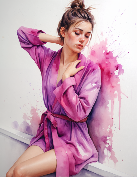 abstract watercolor painting of a young woman sitting on a white wall with her legs crossed. She is wearing a pink robe with a belt around her waist. Her hair is styled in a messy bun with purple and pink highlights.  She has a serious expression on her face and her eyes are closed. The background is white.