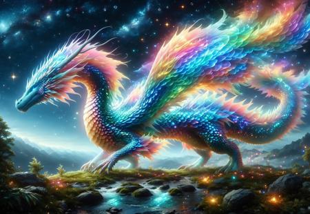 Fabulous world, fantasy, magical, colorful, stars, dark sky, starry skies, colorful trees, twinkle, shine, gleam, night, stars, northern lights, flying dragon, pleasant, delightful, affectionate, people walking, commemorate, 

((beautiful, painterly, detailed, textural, artistic, aesthetic)), (masterpiece, best quality), (((intricate details, highly detailed, ultra-detailed, absurdres:))), (unreal engine, octane rendering, high contrast, vivid, vibrant, volumetric lighting), 
studio lighting, best texture quality, beautiful detailed scenery, 
midjourneyv6.1, p1nk1r1sc4l3s, made out of iridescent scales