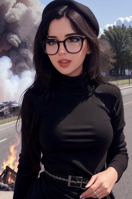 photo of <lora:sniperwolf-10:0.7>, sniperwolf, a woman with ((pale skin, thick black glasses):1.1), ((cowboy shot, waist, hips, thighs):1.2),(beautiful skin, perfect skin), ((turtleneck sweater dress, microphone, camera, reporter hat, talking, standing):1.2), ((outdoors, burning neighborhood, homes, fire, explosions):1.2),((red lipstick, eyeliner, full makeup, eye shadow):1.2),((best quality, masterpiece, extreme details):1.2) ((detailed face, beautiful face, detailed eyes, beautiful eyes)),modelshoot style, (extremely detailed CG unity 8k wallpaper), photo of the most beautiful artwork in the world, , professional majestic (photography by Steve McCurry), 8k uhd, dslr, soft lighting, high quality, film grain, Fujifilm XT3 sharp focus, f 5.6, High Detail, Sharp focus, dramatic