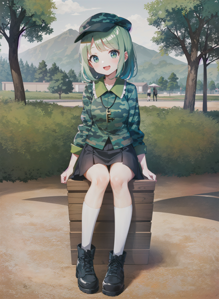 1girl,(full_body:1.2),facing_viewer ,  looking_at_viewers, (solo), sitting,
nature, wind, sunlight, mountain, forest, trees, outdoors,
smile, 
(yamashiro_takane_v10_Test3:1.0), teenage, green_hair, green_eyes, boots, white_socks, green_eyes, miniskirt, (key:1.2), camouflage, camouflage_shirt, camouflage_skirt, (green_camouflage_headwear), box_on_back