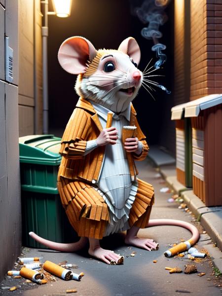 ral-cigarette, a mouse smoking a cigarette looking super confused, sitting in a alley behind a shopping center with a trash bin <lora:ral-cigarette-sdxl:1>