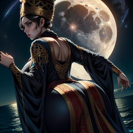 Rennala,short black hair,blue eyes,  sad expression,  large breasts,  rear view, large ass,  low angle,  solo,
ReDres, jewelry, long crown,wide sleeves,  
tall woman, 
empty lake, moon close-up, nighttime ,stars, 
(insanely detailed, beautiful detailed face, masterpiece, detailed eyes, best quality) <lora:Rennala-10:0.7> realistic,