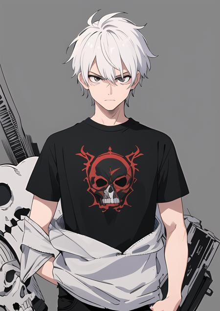 (masterpiece, best quality), 1boy, white hair, black eyes, punk, black shirt, death glare