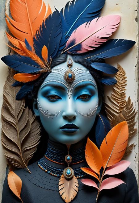 The Echoes of Time ,  faded portrait emerging from a layered, weathered wall, soft glowing orange and pink hues blending into deep blues, fragmented brushstrokes evoking memories dissolving into abstraction, hyper-detailed wildlife illustration, staged domestic surrealism, naturalistic birds and animals, whimsical contemporary storytelling, layered composition, subtle humor, rural suburban settings, richly textured foliage, harmonious color palette, narrative photography meets classical painting, juxtaposition of nature and human life, pastoral absurdity, finely rendered fauna, everyday chaos with poetic stillness, theatrical lighting, visual irony, immersive storytelling tableau, 3D art, minimalist, ink drawing, graphite texture, rough cotton paper, monochrome, tribal portrait, detailed beadwork, feathers, face paint, subtle elegance, organic lines, cultural elements, textured surface, understated beauty, refined, traditional adornment, artistic realism, timeless composition