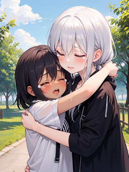 2girls, normal skin, dark skin, hugging, closed eyes, (tears:0.7), outdoors