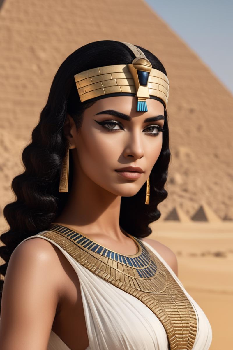 A woman wearing a crown and necklace in an Egyptian setting.