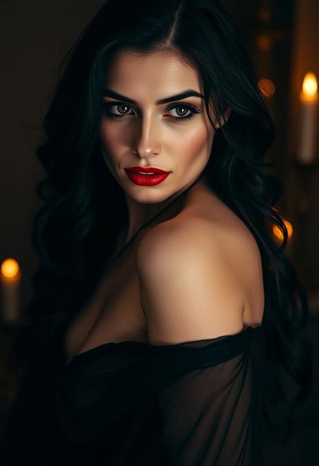 A captivating, 40-year-old Caucasian woman, her porcelain skin illuminated by the soft glow of candlelight. Her long, raven-black hair, styled in loose, seductive waves, frames a face adorned with a dramatic, smoky eye and a deep, blood-red lip. Her eyes, dark and mysterious, hold a knowing glint as they sweep across the room. She's draped in a sheer, flowing gown, its dark hue accentuating her pale skin. Her posture is languid, inviting, with a subtle curve of her spine and a tilt of her head. Her lips, slightly parted, hint at secrets and forbidden pleasures.