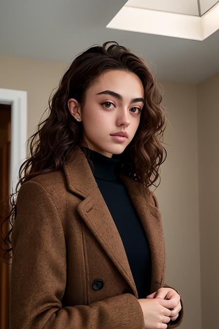 photo of (k1d4vis-2100:0.99), a woman, RAW, close portrait photo, long brown coat, turtleneck, long haircut, slim body, (high detailed skin:1.2), 8k uhd, dslr, soft lighting, high quality, film grain, Fujifilm XT3 sharp focus, f 5.6