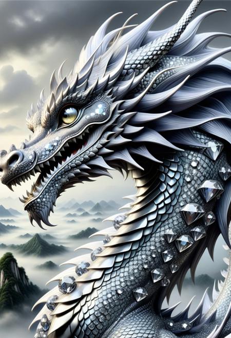 Ultra detailed.Ultrarealistic. sharp focus, dynamic lighting. play of light, reflection, refraction, Raytracing, chinese ink painting, super huge dragon, solo,  very detail, fantasy, clouds and mist, greyscale, Periwinkle mane, Legendary Gray scale made of diamond,diamondMW,countless diamonds,multi angled,full body view