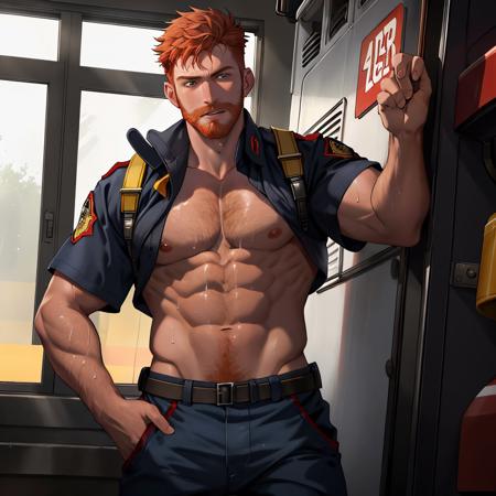 a male 22 years old firefighter man taking off clothes at a firestation, seductive facial expression, ginger hair, medium beard, hairy body, sweat on body, firefighter uniform, firefighter gear, pulled down pants, dynamic pose, staring at a viewer, natural lighting, natural shadows, reflections,  4K, HDR, highly detailed, raytracing, reflections,