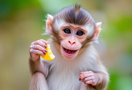 Baby monkey is happy about food.