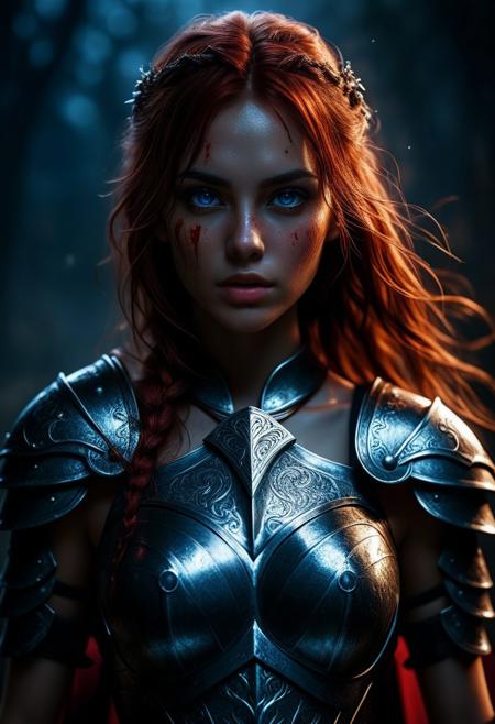 Ultra detailed digital art masterpiece Warrior girl dressed in a iron Armor, Standing on a battlefield at the head of an army of knights, where a bloody slaughter is taking place, standing in battle pose, a dark epic fantasy, perfect lighting, beautiful Warrior girl, attractive woman, elegant, sinewy athletic body, unreal engine 5 nanite quality, mixed with dark elements, dark environment, very cold winter night, clean dark velour witch clothing, LOTR style, dark washed out eyeliner, no make up, natural bloody face, realistic blue eyes, ultra detailed atmospheric details, beautiful glowing effects, sparkle effects, realistic body proportions, beautiful face proportions, complex masterpiece, wavy red hair, creative glowing detailed tattoos, complex physics, enhanced colors, complimentary colors, ultra detailed raytracing reflections, Ultra detailed complex background, environment feels alive, direct eye contact, dramatic lighting, wet and sweaty skin, beautiful firm Breasts, Concept art portrait by Greg Rutkowski, adding to the intense and dynamic atmosphere of the scene.
