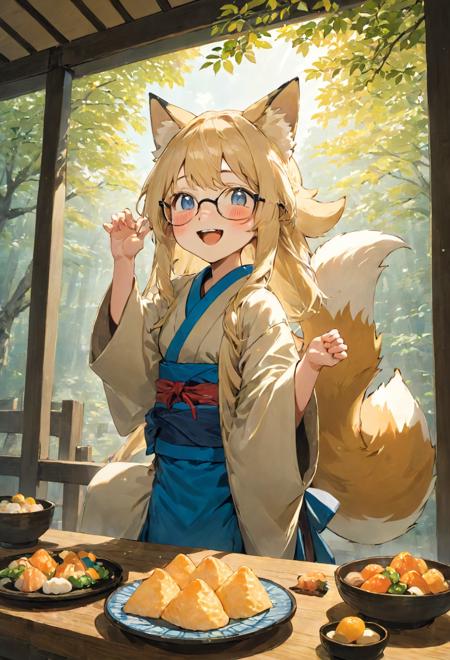 masterpiece, best quality, ultra-detailed, illustration,
1girl, glasses, blonde hair, long hair, fox ears, miko, hakama, smile, closed mouth, arms up, happy, pupils sparkling, 
oinarisan, food, still life, food focus, realistic, plate, leaf, table,
tatami, shouji, window_shade, blue sky, tree, wide shot, 
 <lora:oinarisan_SDXL_V1:1>