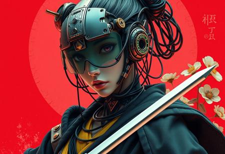 Create an extrahart, brave perspective, mystical, and high-resolution image of an female humanoid robot Samurai wearing a headgear with intricate mechanical translucent jade screen covering the eyes, Made from Sci-fi components, with outworn translucent black linen cape. The character should be depicted in a manga cover style with wealthy portraiture and poster art elements. The image should feature rich colors and high contrast, focusing on the best quality, official art, and a beautiful and aesthetic appearance. wired-cyborg, upper body shot, a man with hairbun, half the face is made of wires and cables and translucent hoses. Use a movie perspective and an advertising style, similar to a magazine cover. The cyborg samurai should be shown solo, wearing flamboyant clothes and armor, holding a sheathed katana, and standing in a cowboy shot pose. The robot should have neon green and yellow hip-hop clothes, tattoos, muscular abs, shoulder armor, and dry flowers in the background. Emphasize a samurai theme with a red background and floral elements.