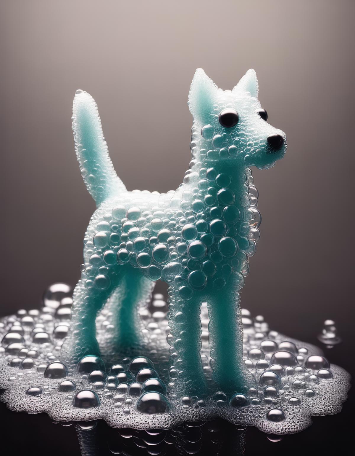 Blue and White Dog Model with Bubbles