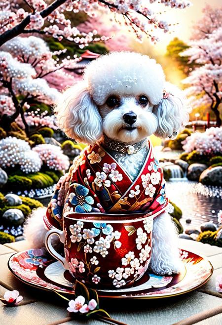 Pearlum, A fluffy, adorable poodle with a charming personality, sitting on cherry blossoms painted teacup gracefully posed in a vibrant, exquisitely crafted kimono. many cherry blossoms, cherry blossoms painted, The scene is bathed in a warm, golden light, showcasing the intricate details of the kimono's design. The poodle's furry coat contrasts beautifully with the delicate fabric, creating a captivating interplay of textures. The backdrop is a traditional Japanese garden, with a gentle mist rising from a tranquil pond, adding a surreal touch to the image. The entire scene is infused with a sense of elegance and uniqueness, capturing the essence of beauty and charm.<lora:Pearlum_World_Morph:1>