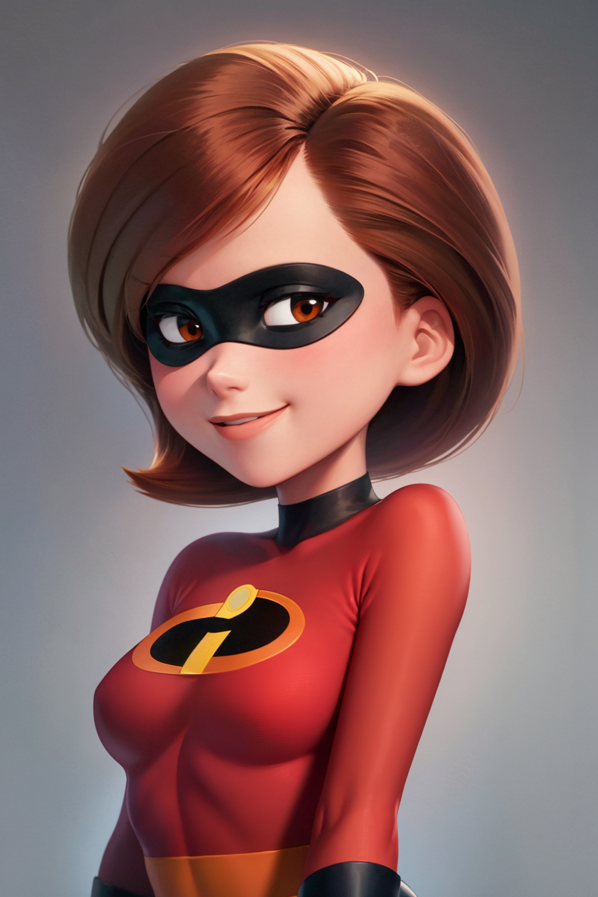 A cartoon female character with a mask and a red shirt.