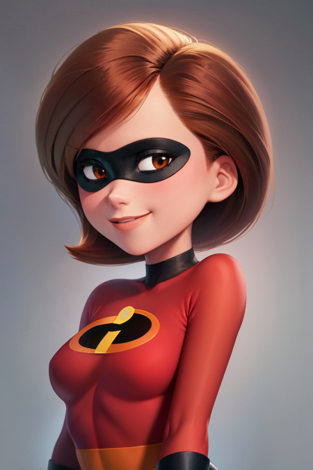 masterpiece, best quality, 1girl, helenparr, brown hair, brown eyes, domino mask, bodysuit, smile, upper body, looking at viewer, simple background <lora:HelenParr:1>