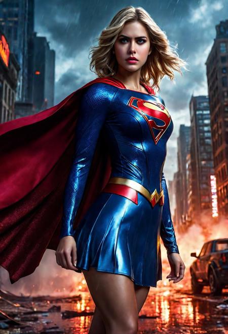 High resolution ultra-realistic of Beautiful bloody Supergirl fighting against alien invasion, cinematic style, standing on a bloody and stormy battle in a destroyed city in a fighting pose, bloody and dirty, realistic blue combat costume, red mini skirt, red cape, perfect athletic figure, wavy blonde hair, handsome bloody face, beautiful perfect detailed pupils, wet oily shiny skin, covered in dirty and blood, beautiful firm Breasts, defiant and seductive, attractive 21 year old Supergirl, 8k resolution concept art portrait by Greg Rutkowski, Kiernan Shipka, Dark Gotham City, Artgerm, WLOP, Alphonse Mucha, dynamic lighting, hyperdetailed, intricately detailed, Splash art trending on Artstation triadic colors, Unreal Engine, 5 volumetric lighting, Cinematic Lighting, intricate, smooth, sharp focus digital painting, Asymmetrical Balance, realistic eyes, ultra detailed atmospheric details, sparkle effects, realistic body proportions, beautiful body Supergirl proportions, complex masterpiece, dramatic atmosphere