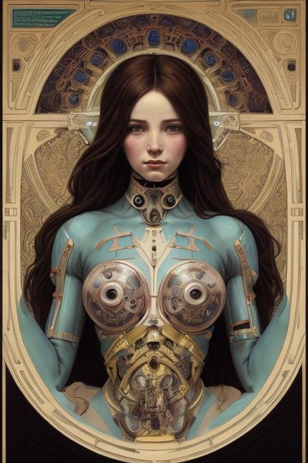 Cyborg android, fantasy, pre-raphaelite style, sinozick, Alphonse Mucha, Agostino Arrivabene, Peter Mohrbacher
