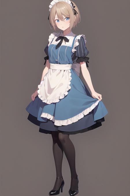 <lora:AkaneHououji-05:0.7>, akaneh, 1girl, solo, looking at viewer, short hair, blue eyes, blonde hair, simple background, white background, dress, ribbon, hair between eyes, standing, full body, short sleeves, pantyhose, frills, striped, puffy sleeves, black footwear, apron, high heels, puffy short sleeves, black pantyhose, maid, maid headdress, black ribbon, blue dress, waist apron, white apron, vertical stripes, striped dress, vertical-striped dress