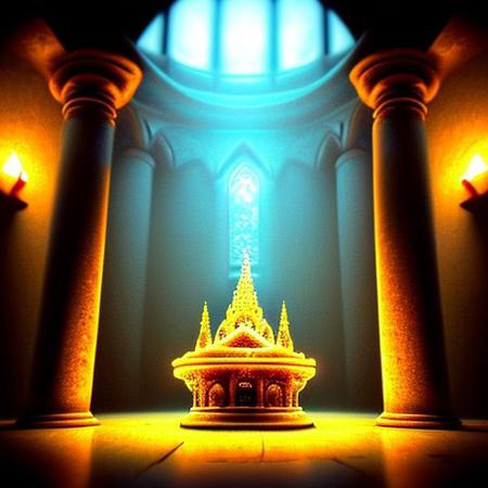 RAW photo, (masterpiece:1.3), subsurface scattering, heavy shadow, (high quality:1.4), (intricate, high detail:1.2), professional photography, HDR, High Dynamic Range, realistic, ultra realistic, photorealistic, high resolution, film photography, ambient lighting, atmospheric effects, <lora:detail_slider_v4:2>, OverallDetail, interior of a small! temple church, a round altar in the middle with an idol on it, <lora:TemplesAndChurches-10:1>, epiCPhoto
