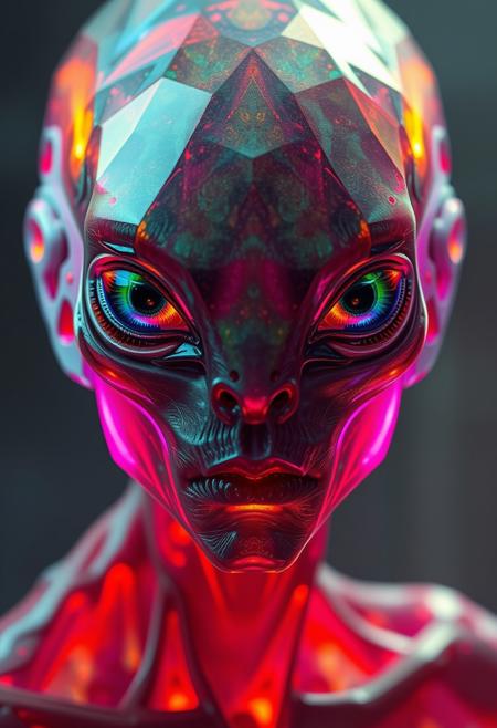 realistic, hyperrealistic, A multicolored translucent artialien, (translucent head:1.6), glowing eyes, neon highlights, strong jawline, intricate textures, 
hyperdetailed realistic illustration, intricately detailed, highest quality, 
BREAK, stylized photo, ultra level of detail and precision in the art, masterpiece, mixed media, intense mood, detailed shading, 
subsurface scattering, light leaks, soft shadows, film grain, Dutch angle, narrow DoF, cinematic composition, mystic haze, dusty atmosphere, very detailed skin, HDR, RAW photograph, eye catchlights, mystic haze, dusty atmosphere, complementary colors