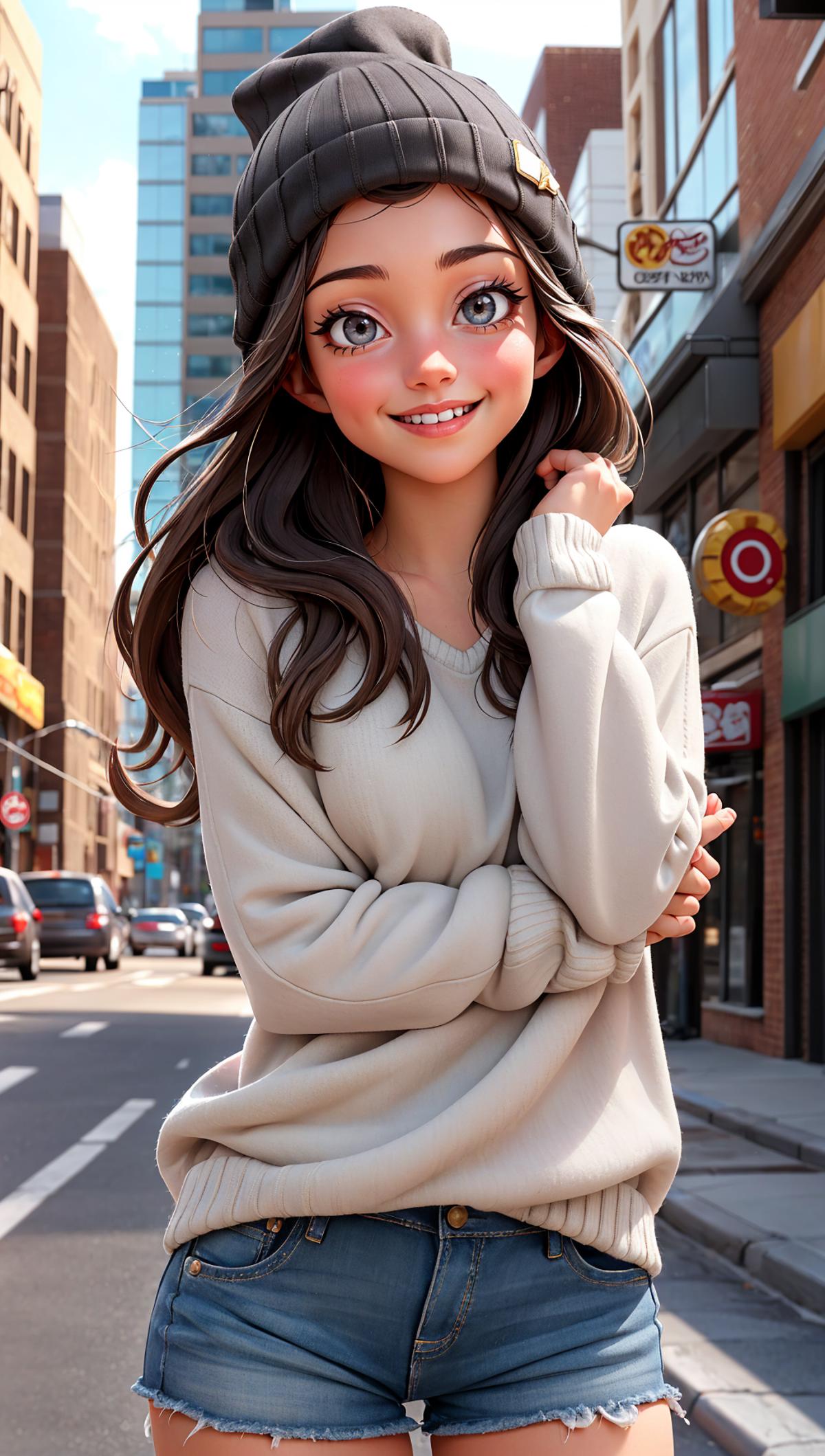 A computer-generated image of a woman in a beige sweater.